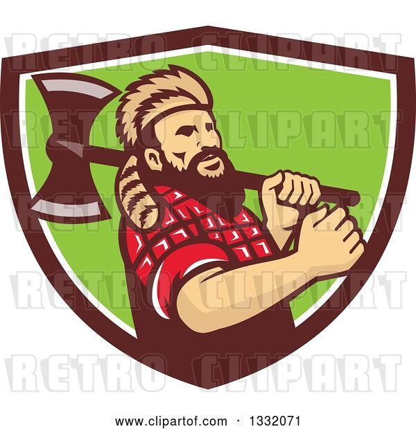 Vector Clip Art of Retro Lumberjack in Plaid and a Raccoon Hat, Holding an Axe over His Shoulder in a Brown White and Green Shield