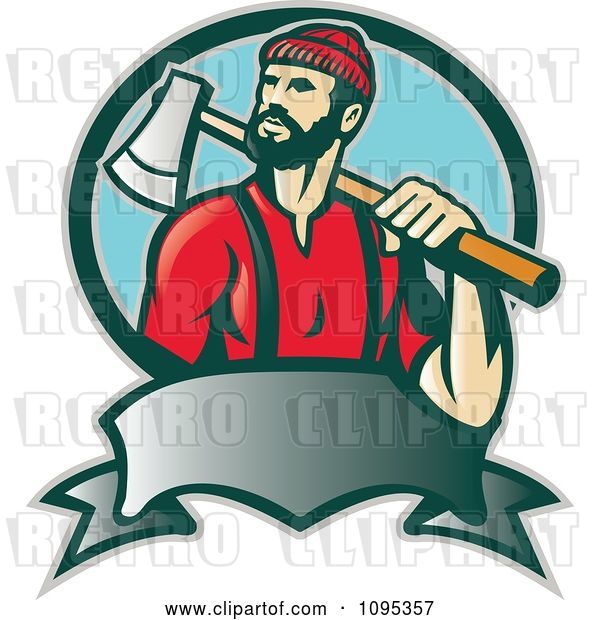 Vector Clip Art of Retro Lumberjack Logger Carrying an Axe over His Shoulder over a Banner and Blue Circle