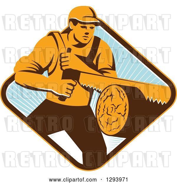 Vector Clip Art of Retro Lumberjack Logger Guy Using a Crosscut Saw in a Yellow Brown White and Blue Sunny Diamond