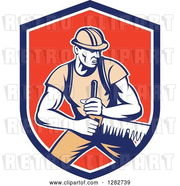 Vector Clip Art of Retro Lumberjack Logger Worker Guy Using a Crosscut Saw in a Blue White and Red Shield