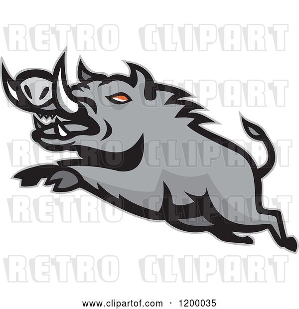 Vector Clip Art of Retro Mad Angry Razorback Boar Leaping
