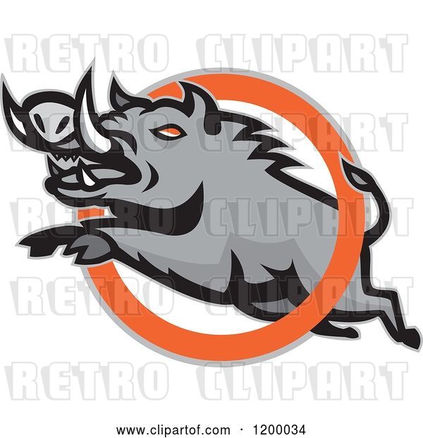 Vector Clip Art of Retro Mad Angry Razorback Boar Leaping Through a Ring