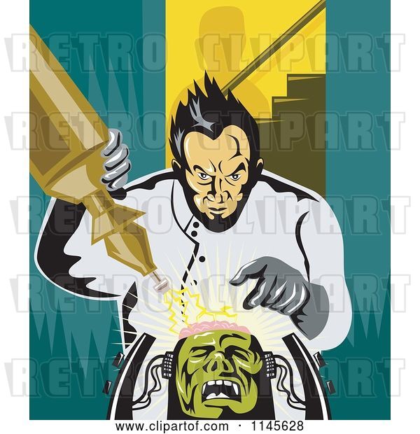 Vector Clip Art of Retro Mad Scientist Building Frankenstein