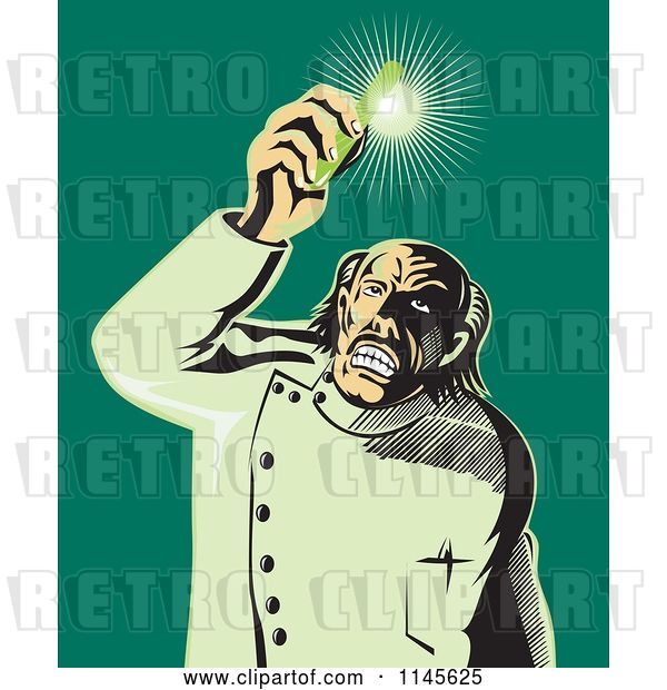 Vector Clip Art of Retro Mad Scientist Holding up a Shining Test Tube