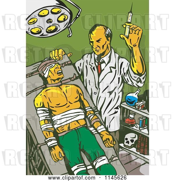 Vector Clip Art of Retro Mad Scientist Injecting a Patient