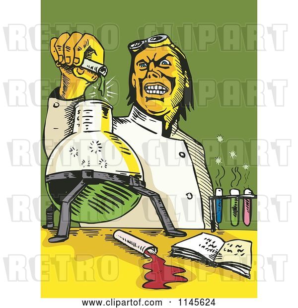 Vector Clip Art of Retro Mad Scientist Pouring Chemicals