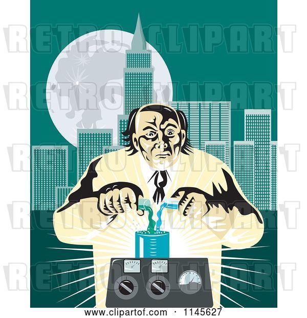 Vector Clip Art of Retro Mad Scientist Pouring Chemicals near a City
