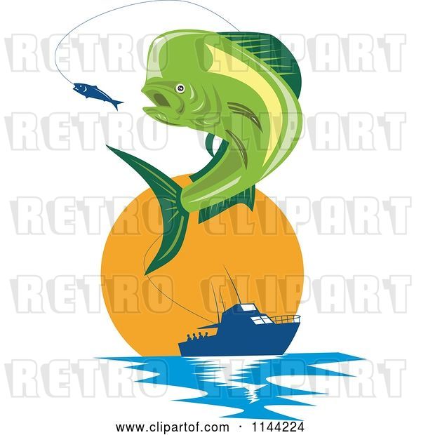 Vector Clip Art of Retro Mahi Mahi Dolphin Fish Jumping to Bite a Lure with a Boat at Sunset