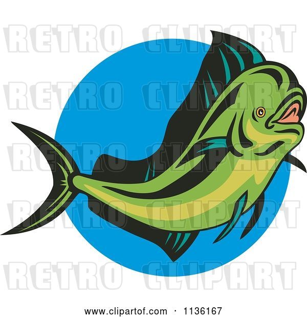 Vector Clip Art of Retro Mahi Mahi Dolphin Fish over Blue