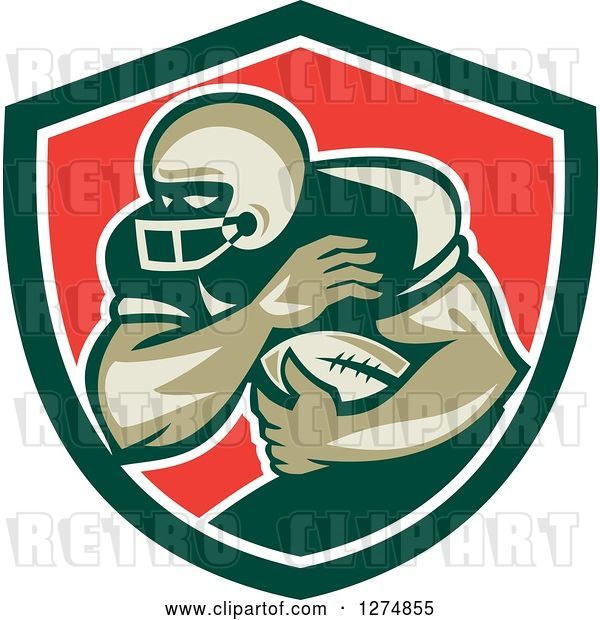 Vector Clip Art of Retro Male American Football Player Fending in a Green White and Red Shield