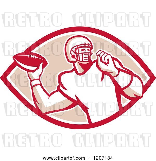 Vector Clip Art of Retro Male American Football Player Throwing in a Red White and Tan Oval
