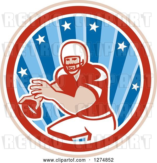 Vector Clip Art of Retro Male American Football Player Throwing in a Tan White Red and Blue Star Circle