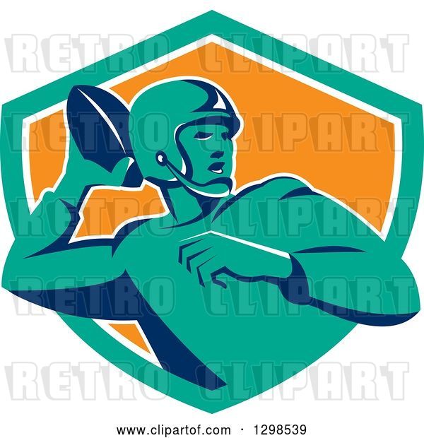 Vector Clip Art of Retro Male American Football Player Throwing in a Turquoise White and Orange Shield