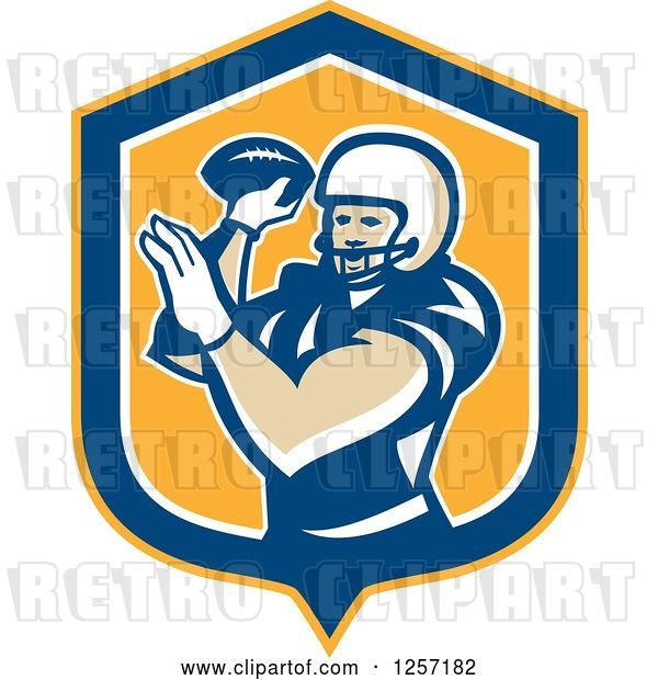 Vector Clip Art of Retro Male American Football Player Throwing in a Yellow Blue and White Shield