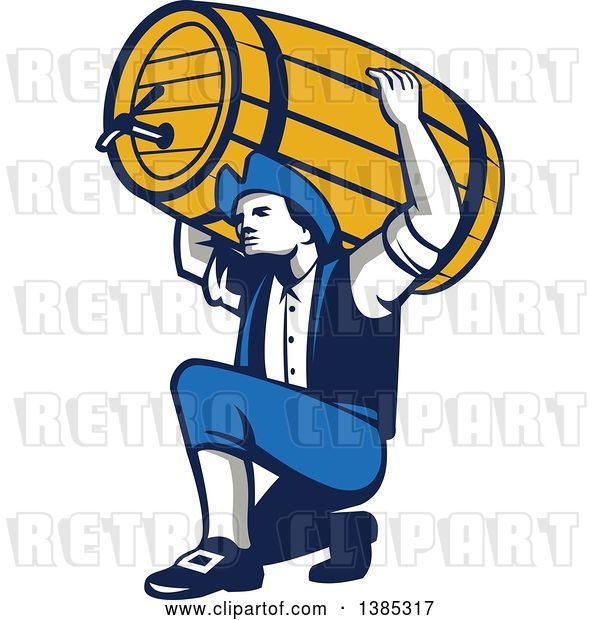 Vector Clip Art of Retro Male American Patriot Kneeling and Holding a Beer Keg on His Shoulders