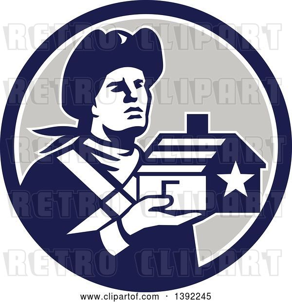 Vector Clip Art of Retro Male American Patriot Soldier Holding a Home in a Blue White and Gray Circle