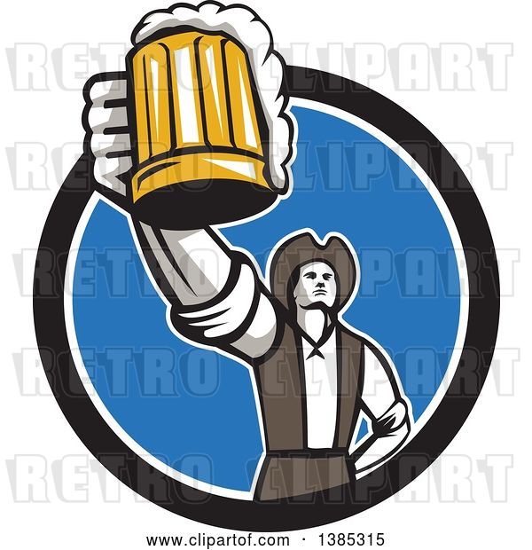 Vector Clip Art of Retro Male American Patriot Toasting with a Beer Mug in a Black White and Blue Circle