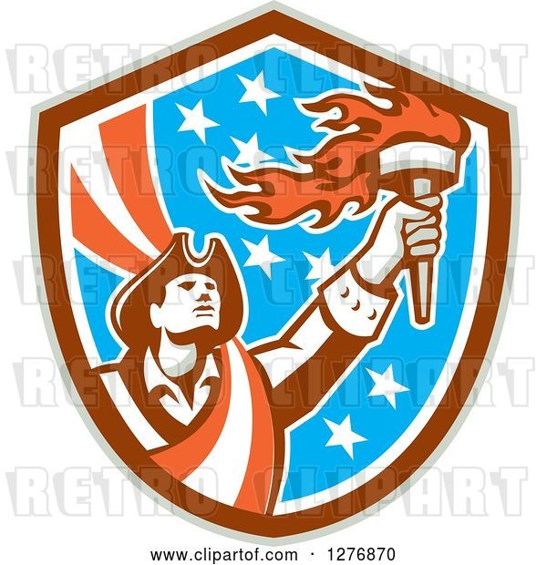 Vector Clip Art of Retro Male American Patriot with a Torch in a Patriotic Shield