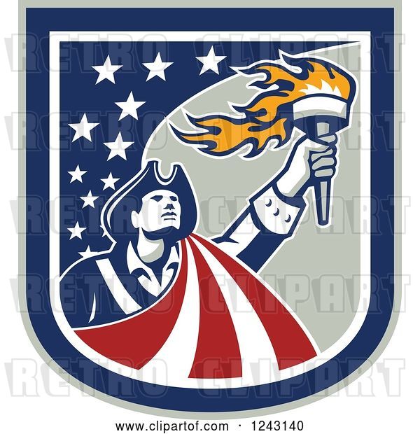 Vector Clip Art of Retro Male American Patriot with a Torch in a Stars and Stripes Shield