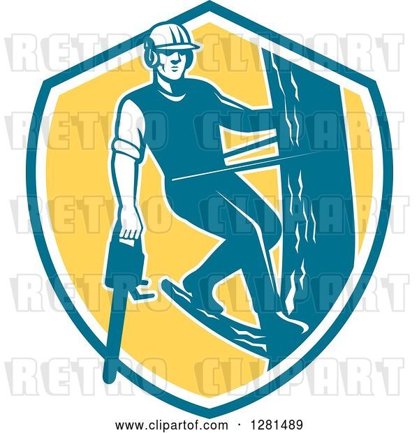 Vector Clip Art of Retro Male Arborist Climbing a Pole with a Chainsaw in a Blue White and Yellow Shield