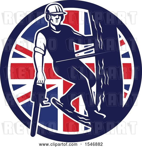 Vector Clip Art of Retro Male Arborist Climbing a Pole with a Chainsaw in a Union Jack Flag Circle