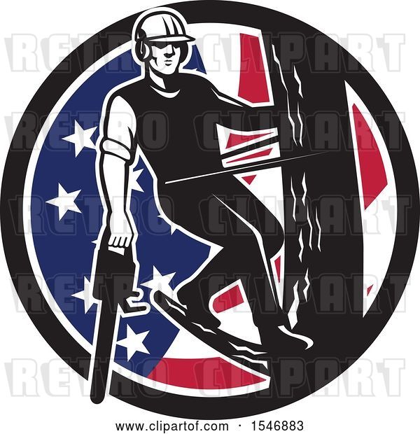 Vector Clip Art of Retro Male Arborist Climbing a Pole with a Chainsaw in an American Flag Circle