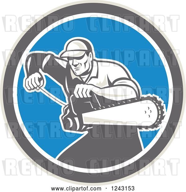 Vector Clip Art of Retro Male Arborist Starting up a Chainsaw in a Blue Circle