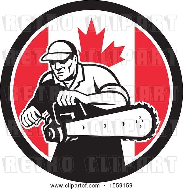 Vector Clip Art of Retro Male Arborist Starting up a Chainsaw in a Canadian Flag Circle