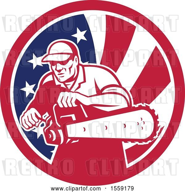 Vector Clip Art of Retro Male Arborist Starting up a Chainsaw in an American Flag Circle