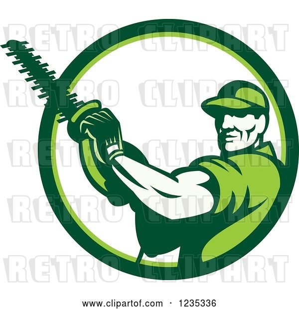 Vector Clip Art of Retro Male Arborist Using a Chain Saw in a White and Green Circle