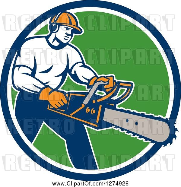 Vector Clip Art of Retro Male Arborist Using a Chainsaw in a Blue White and Green Circle
