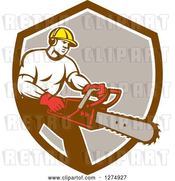 Vector Clip Art of Retro Male Arborist Using a Chainsaw in a Brown White and Taupe Shield