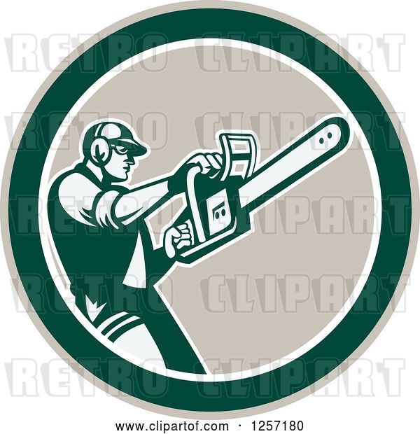 Vector Clip Art of Retro Male Arborist Using a Chainsaw in a Taupe White and Green Circle