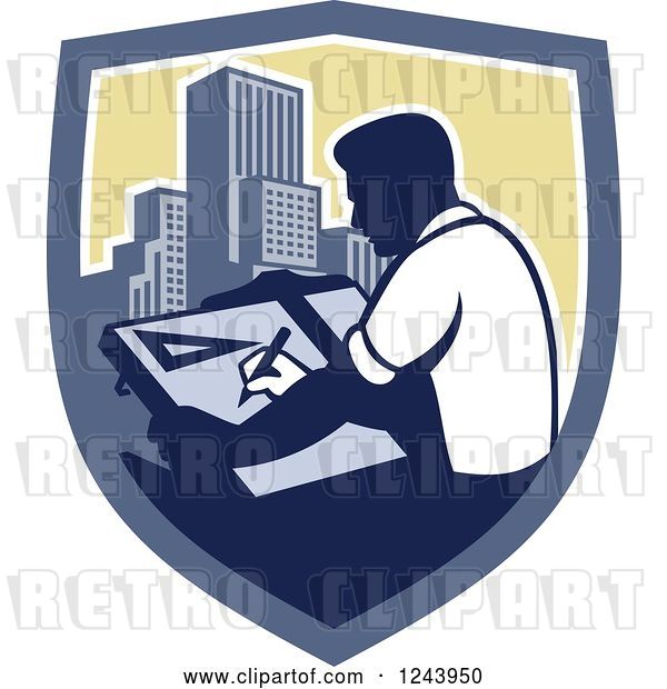 Vector Clip Art of Retro Male Architect Drawing Plans over Skyscrapers in a Shield