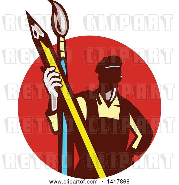 Vector Clip Art of Retro Male Artist Holding a Giant Pencil and Paintbrush in a Red Circle
