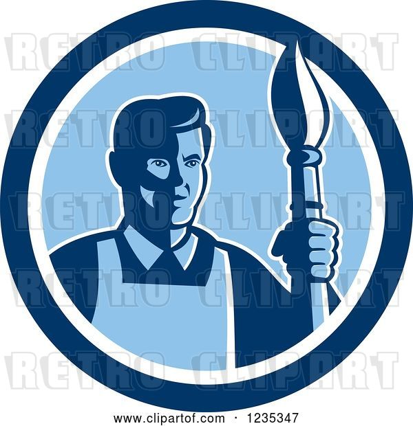 Vector Clip Art of Retro Male Artist with a Paintbrush in a Blue Circle