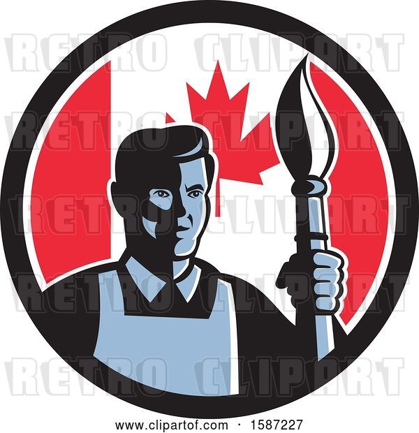 Vector Clip Art of Retro Male Artist with a Paintbrush in a Canadian Flag Circle