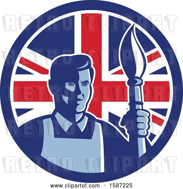 Vector Clip Art of Retro Male Artist with a Paintbrush in a Union Jack Flag Circle