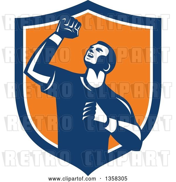 Vector Clip Art of Retro Male Athlete Doing a Fist Pump in a Blue White and Orange Shield