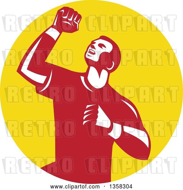 Vector Clip Art of Retro Male Athlete Doing a Fist Pump in a Yellow Circle
