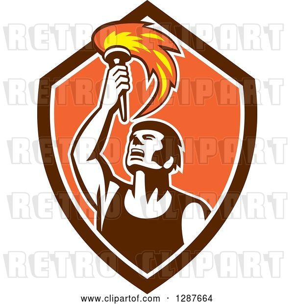 Vector Clip Art of Retro Male Athlete Holding up a Torch in a Brown White and Orange Shield