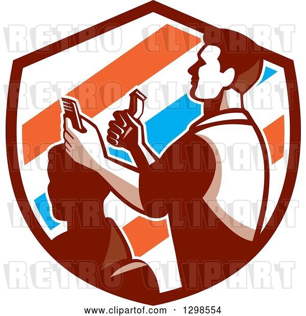 Vector Clip Art of Retro Male Barber Cutting a Client's Hair with Clippers in a Barber Pole Striped Shield