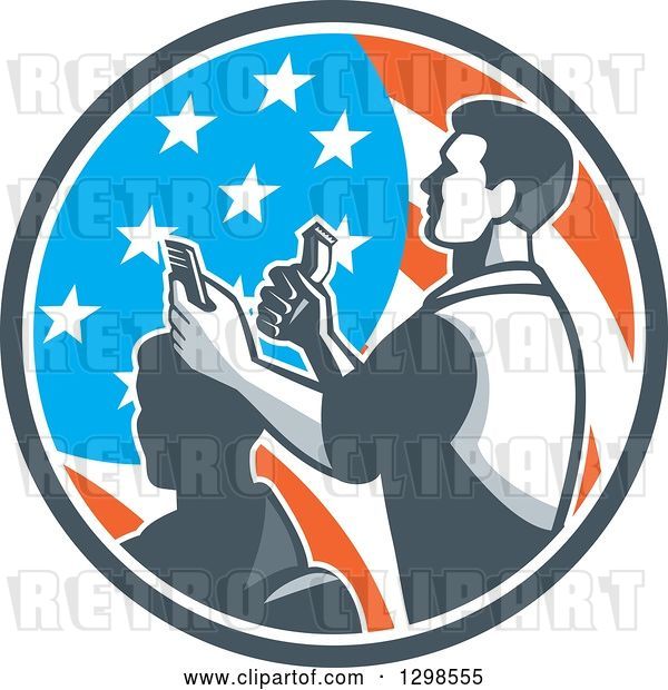 Vector Clip Art of Retro Male Barber Cutting a Client's Hair with Clippers in an American Flag Circle