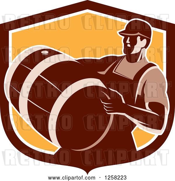 Vector Clip Art of Retro Male Bartender Carrying a Keg in a Brown and Orange Shield