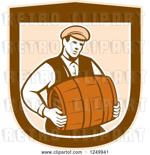 Vector Clip Art of Retro Male Bartender Carrying a Keg in a Shield