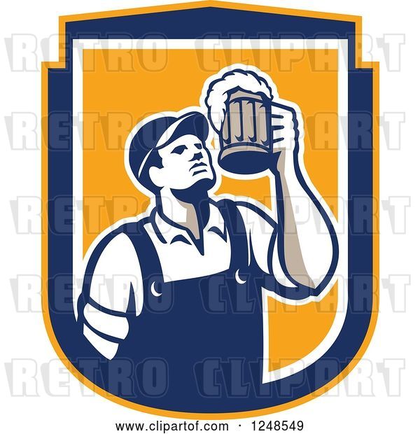 Vector Clip Art of Retro Male Bartender Cheering with Beer in a Shield