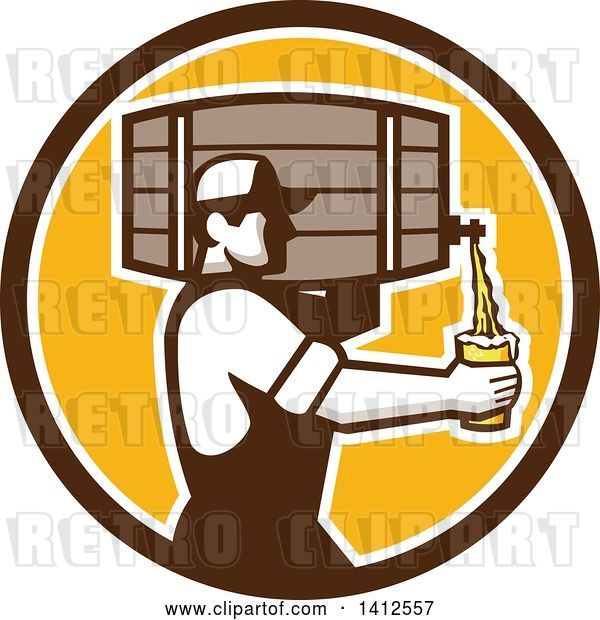 Vector Clip Art of Retro Male Bartender Pouring a Glass of Beer from a Keg in a Brown White and Orange Circle