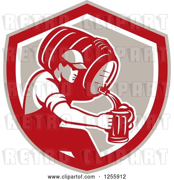 Vector Clip Art of Retro Male Bartender Pouring Beer from a Keg in a Shield