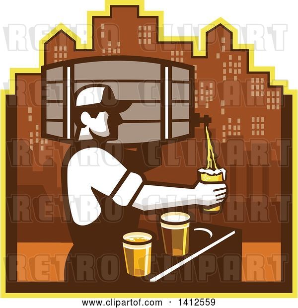 Vector Clip Art of Retro Male Bartender Pouring Different Types of Beer from a Keg Against a City Skyline