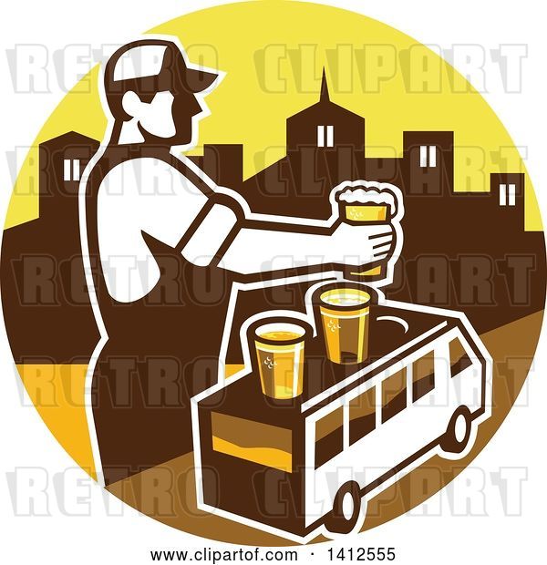 Vector Clip Art of Retro Male Bartender Putting a Beer on Top of a Brew Tour Van in a Cityscape Circle